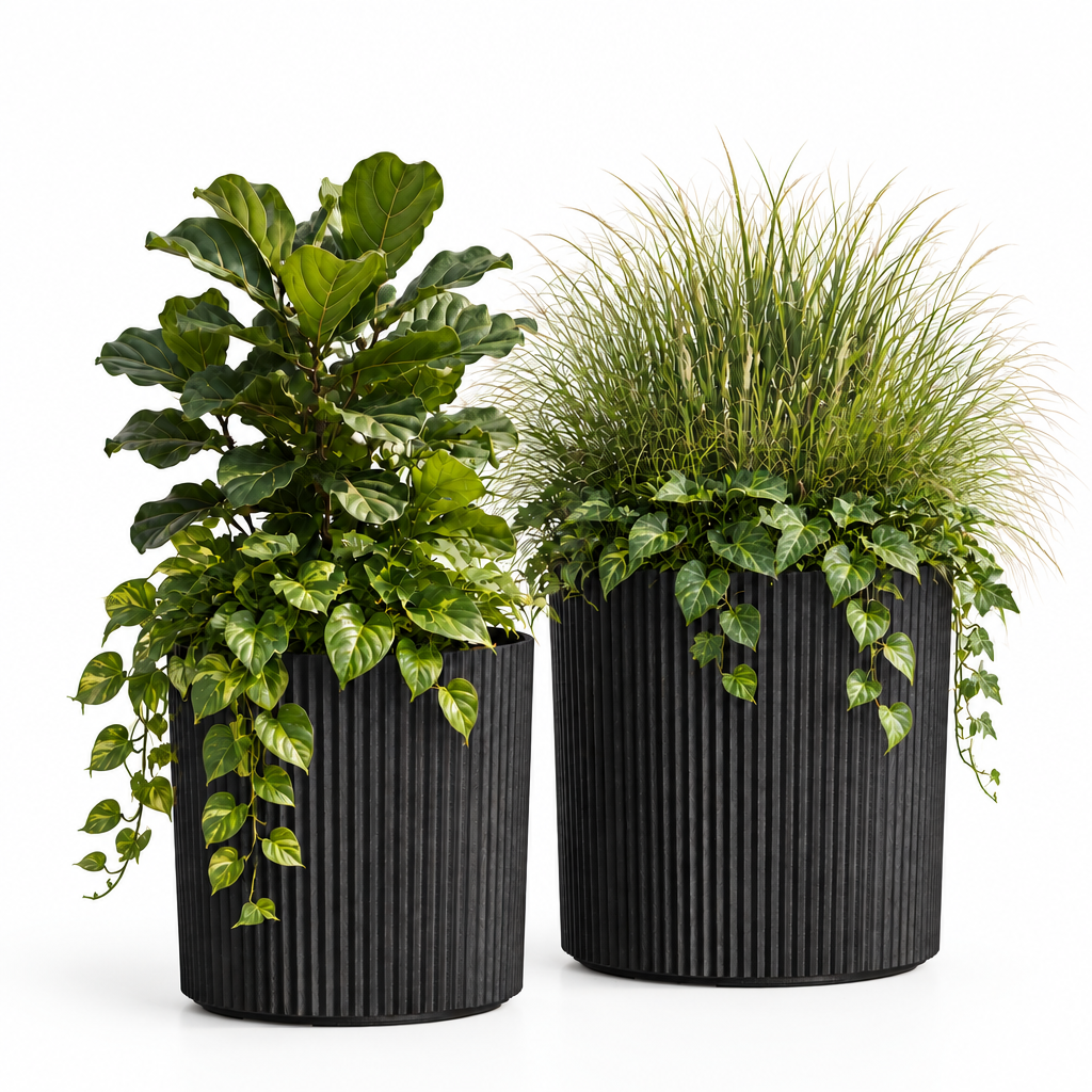 Mayne Serene Round Ribbed Planter with Drainage Hole Black 12in/14in