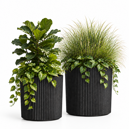 Mayne Serene Round Ribbed Planter with Drainage Hole Black 12in/14in